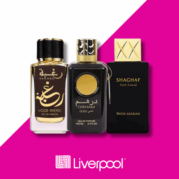 Set de 3 Perfumes Raghba Wood Intense + Dirham Gold Eau de Parfum + Shaghaf Oud Aswad Swiss Arabian 100ml